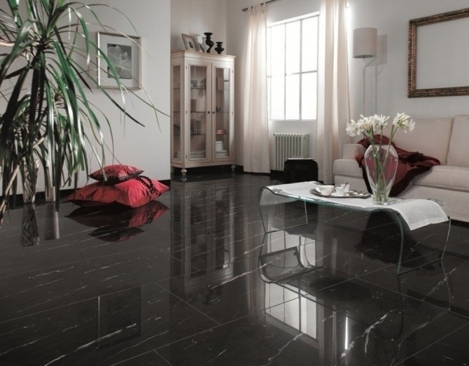 Polished porcelain stoneware floor black marquinia